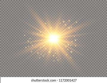 White glowing light explodes on a transparent background. Sparkling magical dust particles. Bright Star. Transparent shining sun, bright flash. Vector sparkles. To center a bright flash.