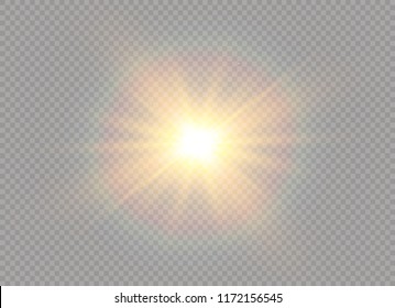 White glowing light explodes on a transparent background. Sparkling magical dust particles. Bright Star. Transparent shining sun, bright flash. Vector sparkles. To center a bright flash.