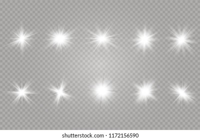White glowing light explodes on a transparent background. Sparkling magical dust particles. Bright Star. Transparent shining sun, bright flash. Vector sparkles. To center a bright flash.