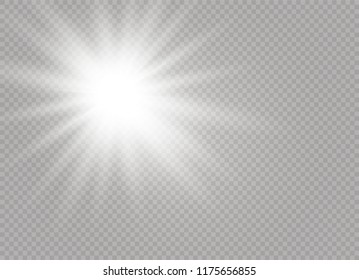 White glowing light explodes on a transparent background. Sparkling magical dust particles. Bright Star. Transparent shining sun, bright flash. Vector sparkles. To center a bright flash.