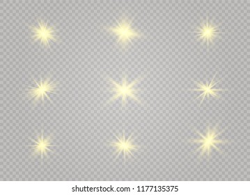 White glowing light explodes on a transparent background. Sparkling magical dust particles. Bright Star. Transparent shining sun, bright flash. Vector sparkles. To center a bright flash.