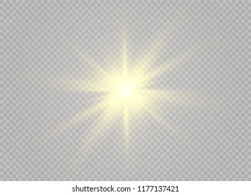 White glowing light explodes on a transparent background. Sparkling magical dust particles. Bright Star. Transparent shining sun, bright flash. Vector sparkles. To center a bright flash.