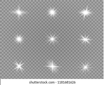 White glowing light explodes on a transparent background. Sparkling magical dust particles. Bright Star. Transparent shining sun, bright flash. Vector sparkles. To center a bright flash.