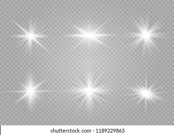 White glowing light explodes on a transparent background. Sparkling magical dust particles. Bright Star. Transparent shining sun, bright flash. Vector sparkles. To center a bright flash.