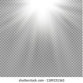 White glowing light explodes on a transparent background. Sparkling magical dust particles. Bright Star. Transparent shining sun, bright flash. Vector sparkles. To center a bright flash.