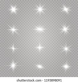 White glowing light explodes on a transparent background. Sparkling magical dust particles. Bright Star. Transparent shining sun, bright flash. Vector sparkles. To center a bright flash.