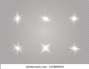 White glowing light explodes on a transparent background. Sparkling magical dust particles. Bright Star. Transparent shining sun, bright flash. Vector sparkles. To center a bright flash.