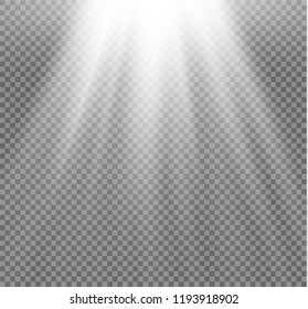 White glowing light explodes on a transparent background. Sparkling magical dust particles. Bright Star. Transparent shining sun, bright flash. Vector sparkles. To center a bright flash.