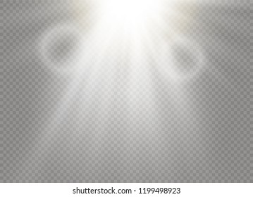 White glowing light explodes on a transparent background. Sparkling magical dust particles. Bright Star. Transparent shining sun, bright flash. Vector sparkles. To center a bright flash.