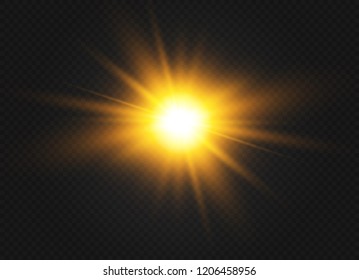 White glowing light explodes on a transparent background. Sparkling magical dust particles. Bright Star. Transparent shining sun, bright flash. Vector sparkles. To center a bright flash.