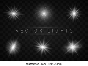 White glowing light explodes on a transparent background. Sparkling magical dust particles. Bright Star. Transparent shining sun, bright flash. Vector sparkles. To center a bright flash.