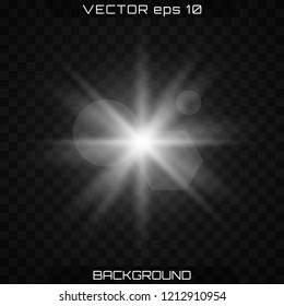 White glowing light explodes on a transparent background. Sparkling magical dust particles. Bright Star. Transparent shining sun, bright flash. Vector sparkles. To center a bright flash.