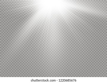 White glowing light explodes on a transparent background. Sparkling magical dust particles. Bright Star. Transparent shining sun, bright flash. Vector sparkles. To center a bright flash.