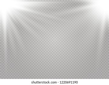 White glowing light explodes on a transparent background. Sparkling magical dust particles. Bright Star. Transparent shining sun, bright flash. Vector sparkles. To center a bright flash.