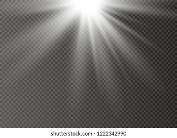 White glowing light explodes on a transparent background. Sparkling magical dust particles. Bright Star. Transparent shining sun, bright flash. Vector sparkles. To center a bright flash.