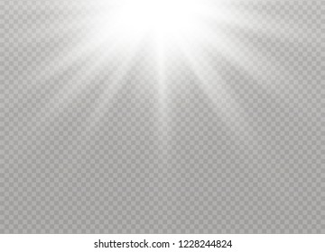 White glowing light explodes on a transparent background. Sparkling magical dust particles. Bright Star. Transparent shining sun, bright flash. Vector sparkles. To center a bright flash.