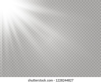 White glowing light explodes on a transparent background. Sparkling magical dust particles. Bright Star. Transparent shining sun, bright flash. Vector sparkles. To center a bright flash.