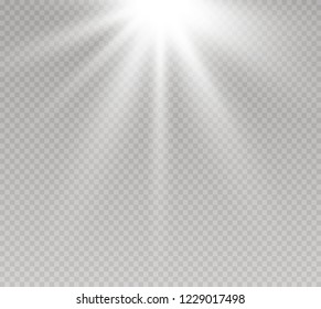 White glowing light explodes on a transparent background. Sparkling magical dust particles. Bright Star. Transparent shining sun, bright flash. Vector sparkles. To center a bright flash.