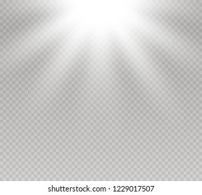 White glowing light explodes on a transparent background. Sparkling magical dust particles. Bright Star. Transparent shining sun, bright flash. Vector sparkles. To center a bright flash.