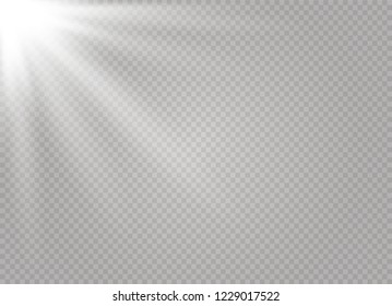 White glowing light explodes on a transparent background. Sparkling magical dust particles. Bright Star. Transparent shining sun, bright flash. Vector sparkles. To center a bright flash.