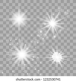 White glowing light explodes on a transparent background. Sparkling magical dust particles. Bright Star. Transparent shining sun, bright flash. Vector illustration.