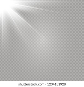 White glowing light explodes on a transparent background. Sparkling magical dust particles. Bright Star. Transparent shining sun, bright flash. Vector sparkles. To center a bright flash.