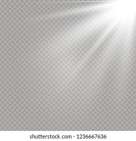 Weißes Licht explodiert auf transparentem Hintergrund. funkelnde magische Staubpartikel. Heller Stern. Transparente strahlende Sonne, heller Blitz. Vektorfunkeln. Um einen hellen Blitz zu zentrieren.