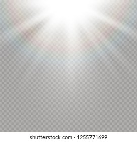 White glowing light explodes on a transparent background. Sparkling magical dust particles. Bright Star. Transparent shining sun, bright flash. Vector sparkles. To center a bright flash.