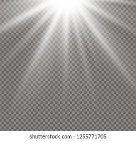 White glowing light explodes on a transparent background. Sparkling magical dust particles. Bright Star. Transparent shining sun, bright flash. Vector sparkles. To center a bright flash.