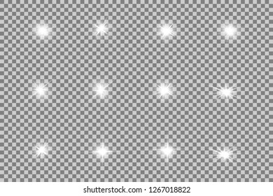 White glowing light explodes on a transparent background. Sparkling magical dust particles. Bright Star. Transparent shining sun, bright flash. Vector sparkles. To center a bright flash