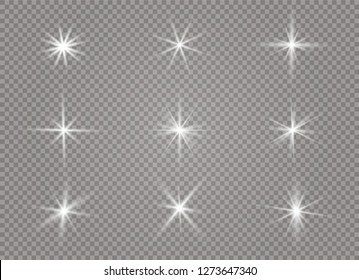 White glowing light explodes on a transparent background. Sparkling magical dust particles. Bright Star. Transparent shining sun, bright flash.