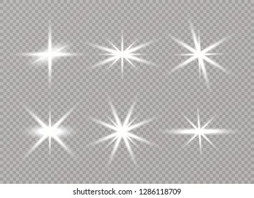 White glowing light explodes on a transparent background. Sparkling magical dust particles. Bright Star. Transparent shining sun, bright flash
