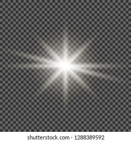 White glowing light explodes on a transparent background. Sparkling magical dust particles. Bright Star. Transparent shining sun, bright flash. Vector sparkles. To center a bright flash.