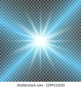 White glowing light explodes on a transparent background. Sparkling magical dust particles. Bright Star. Transparent shining sun, bright flash. Vector sparkles. To center a bright flash