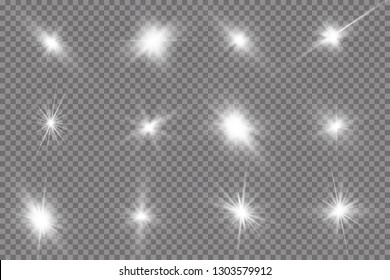 White glowing light explodes on a transparent background. with ray.  Transparent shining sun, bright flash. The center of a bright flash.Set
