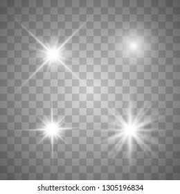 White glowing light explodes on a transparent background. Sparkling magical dust particles. Bright Star. Transparent shining sun, bright flash. Vector sparkles. To center a bright flash.