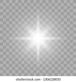 White glowing light explodes on a transparent background. Sparkling magical dust particles. Bright Star. Transparent shining sun, bright flash. Vector sparkles. To center a bright flash.