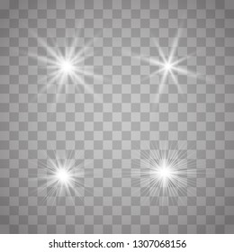 White glowing light explodes on a transparent background. Sparkling magical dust particles. Bright Star. Transparent shining sun, bright flash. Vector sparkles. To center a bright flash.