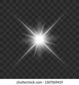 White glowing light explodes on a transparent background. Sparkling magical dust particles. Bright Star. Transparent shining sun, bright flash. Vector sparkles. To center a bright flash.