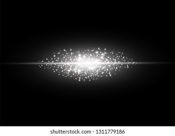 White glowing light explodes on a transparent background. Sparkling magical dust particles. Bright Star. Transparent shining sun, bright flash. Vector sparkles. To center a bright flash.