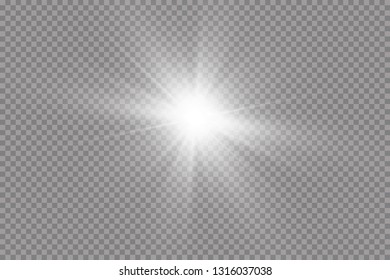 White glowing light explodes on a transparent background. with ray.  Transparent shining sun, bright flash.  Special lens flare light effect.