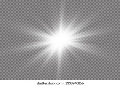 White glowing light explodes on a transparent background. with ray.  Transparent shining sun, bright flash.  Special lens flare light effect.
