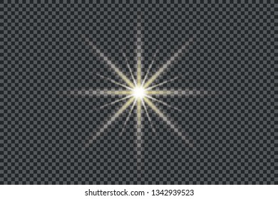 White glowing light explodes on a transparent background. Sparkling magical dust particles. Bright Star. Transparent shining sun, bright flash. Vector sparkles. To center a bright flash. 