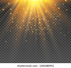 White glowing light explodes on a transparent background. Sparkling magical dust particles. Bright Star. Transparent shining sun, bright flash. Vector sparkles. To center a bright flash.