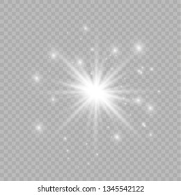 White glowing light explodes on a transparent background. Sparkling magical dust particles. Bright Star. Transparent shining sun, bright flash. Vector sparkles. To center a bright flash.