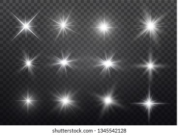 White glowing light explodes on a transparent background. Sparkling magical dust particles. Bright Star. Transparent shining sun, bright flash. Vector sparkles. To center a bright flash.