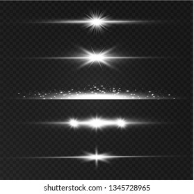 White glowing light explodes on a transparent background. Sparkling magical dust particles. Bright Star. Transparent shining sun, bright flash. Vector sparkles. To center a bright flash.