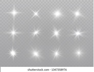 White glowing light explodes on a transparent background. Sparkling magical dust particles. Bright Star. Transparent shining sun, bright flash. Vector sparkles. To center a bright flash.