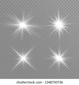 White glowing light explodes on a transparent background. Sparkling magical dust particles. Bright Star. Transparent shining sun, bright flash. Vector sparkles. To center a bright flash.