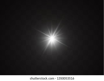 White glowing light explodes on a transparent background. Sparkling magical dust particles. Bright Star. Transparent shining sun, bright flash. Vector sparkles. To center a bright flash.